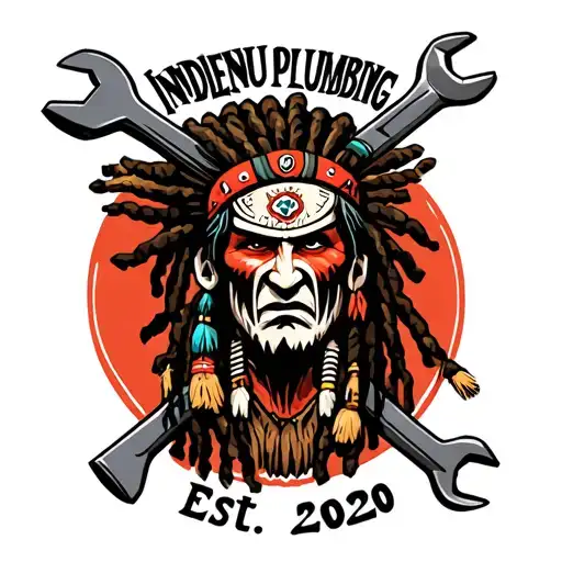"Indigenous Plumbing Est. 2020" "Indigenous Plumbing Est. 2020" "Indigenous Plumbing Est. 2020" dreadlock face war painted Native American warrior holding wrench crossed tattoo design idea