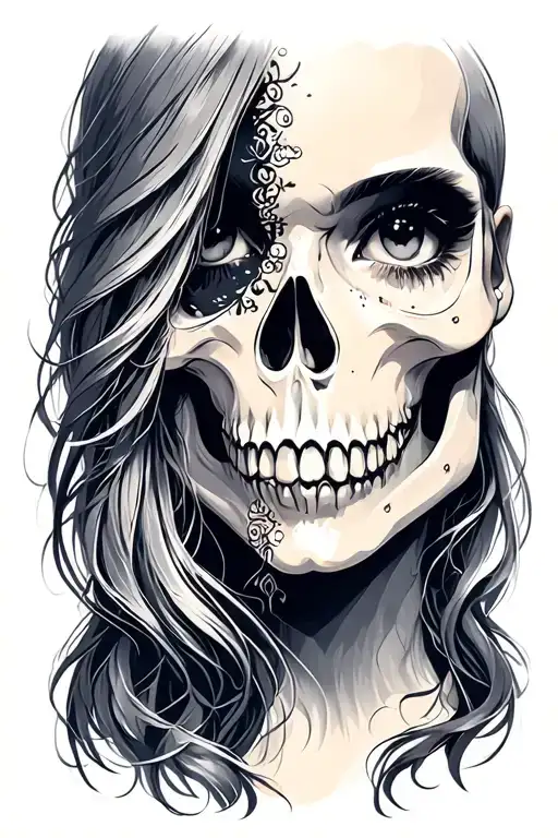 cute woman face with half skull tattoo design idea
