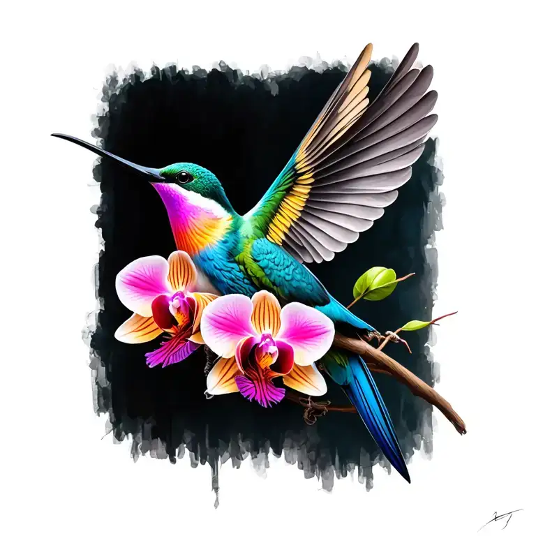 A colibri in vibrant color and a pastel color orchid with an A in italics in the rod tattoo design idea