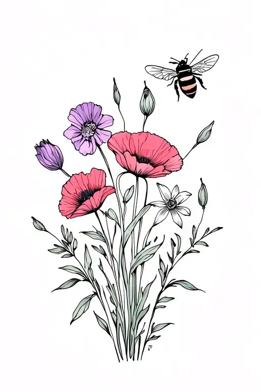 bee flying near small bouquet of flowers containing one cosmo, two poppies, one lily, and one violet tattoo design idea