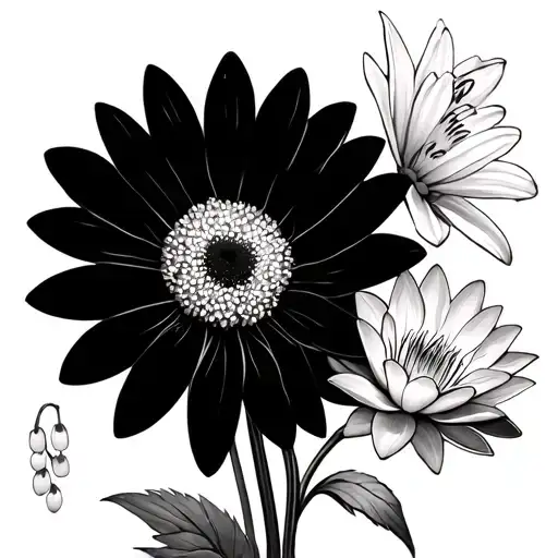 2 daisies, 3 marigold, 2 water lilies, 1 lily of the valley, 1 chrysanthemum and 1 violet tattoo design idea