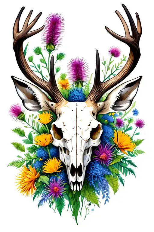 deer skull surrounded by thistles and wild flowers tattoo design idea