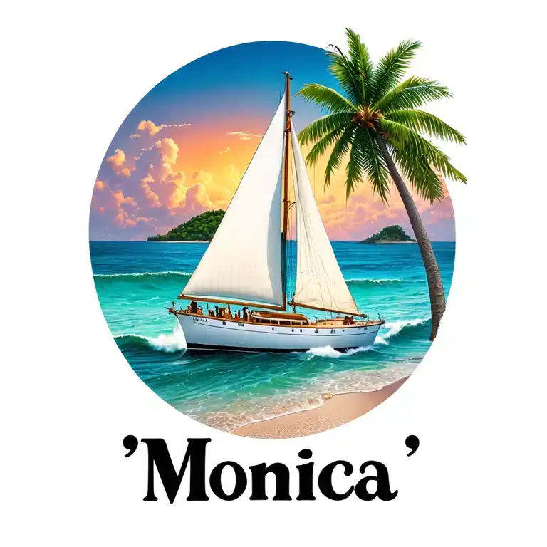 "Monica" "Monica" white sailboat, sunset sky, distant island with palms, ocean waves, beach, bubble letters at bottom tattoo design idea