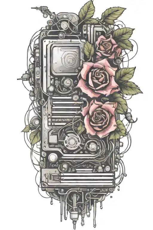 cyberware, motherboard, flower, vine tattoo design idea