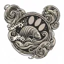 paw print surrounded by water waves and letters Chicago and koi fish tattoo design idea