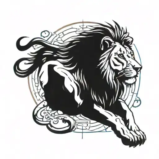 A majestic lion with a blue eye surrounded by Roman numerals representing important dates in your life, with a sun shining in the background tattoo design idea