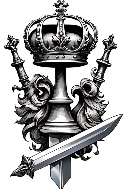 queen chess piece with crown and sword tattoo design idea