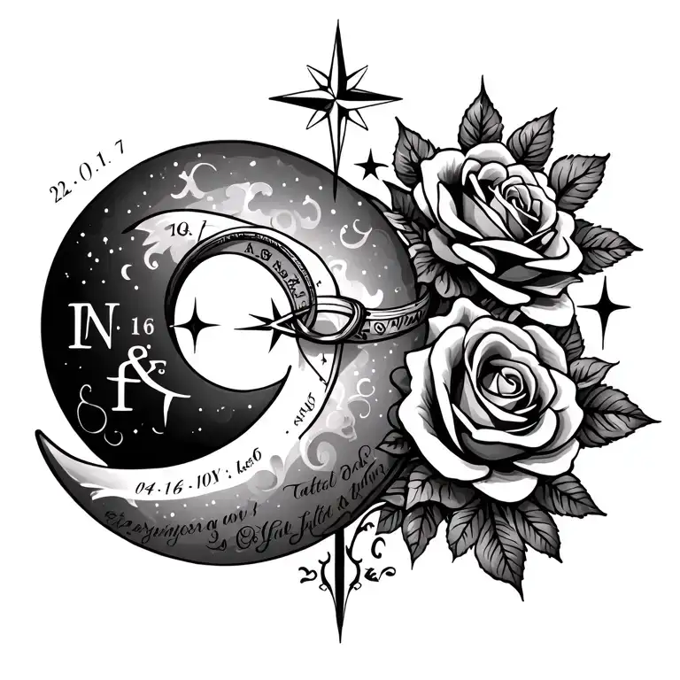 Tattoo with moon, stars, roses, compass, wedding rings, dates: 22.01.17, 14.10.17, 04.07.18, initials I & F, tattoo design idea