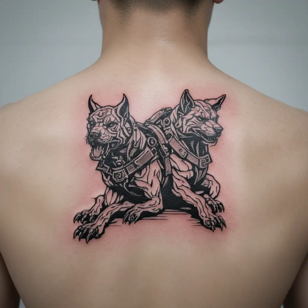 Cerberus in cyberpunk style tattoo design idea