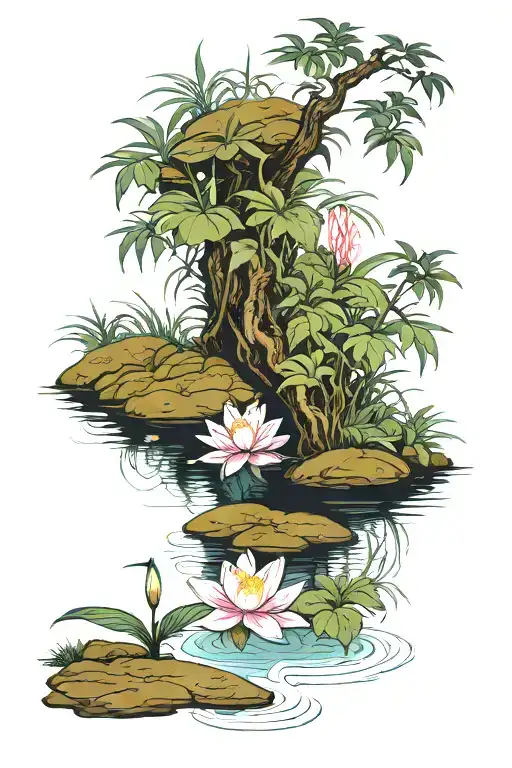 pond with tree growing dim Illuminated lily japanes tattoo design idea