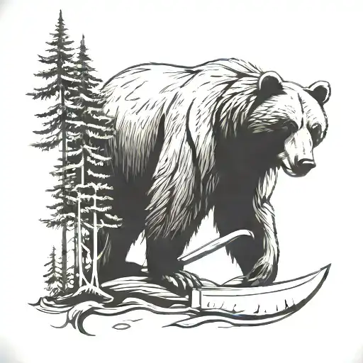 A stylized black-grey tattoo of a bear holding a knife in a forest setting tattoo design idea