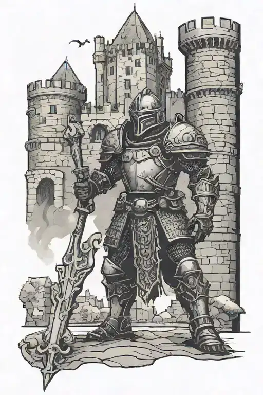 Dark fantacy theme, armoured man standing facing a castle with a large club over his shoulder looking up a a castle  tattoo design idea