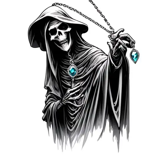 grim reaper holding a necklace with the January birthstone  tattoo design idea