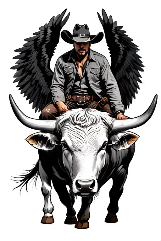cowboy on bull with black wings tattoo design idea