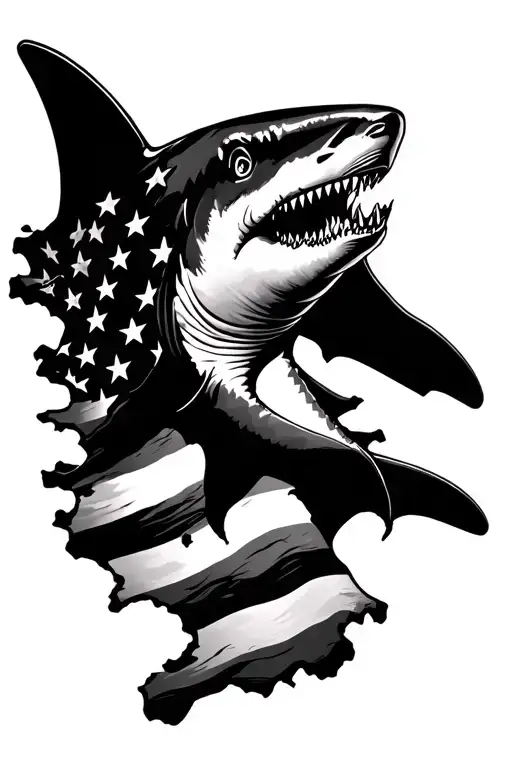 Black and white tattered American flag with a shark silhouette through it tattoo design idea