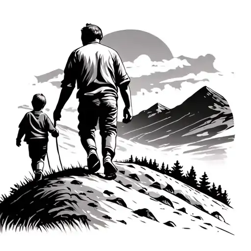 hill climbing dad and son walking towards tattoo design idea