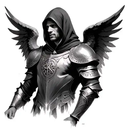 a realistic portrait of a masculine male angel wearing a hood. wearing armour carved with runes. demon wings in shadow tattoo design idea