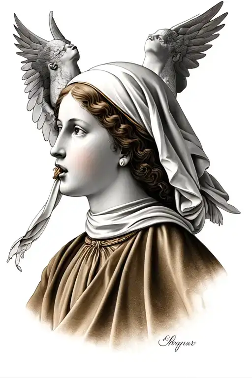 Head of a woman Santa Maria with a scarf on her mouth with two angels on each side of her whispering head tattoo design idea