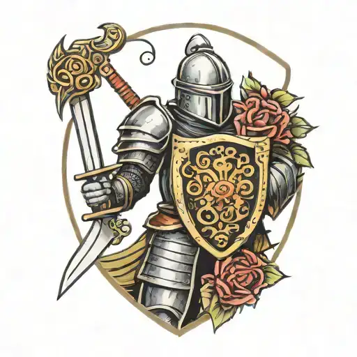 knight in armor with a shield and a katana in his hands. on the shield is the emblem of beer with roses tattoo design idea