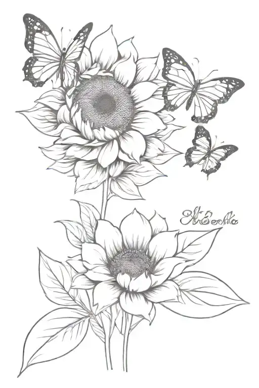 simple “Just breathe” tattoo with a sunflower and bluebell underline and two butterflies tattoo design idea