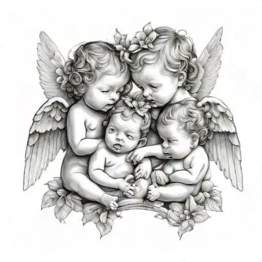 two twin girls baby angels and one boy tattoo design idea
