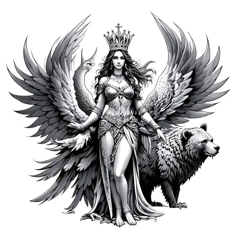warrior woman, a flying phoenix, a princess wearing a crown and a bear.  standing at the gates of heaven tattoo design idea