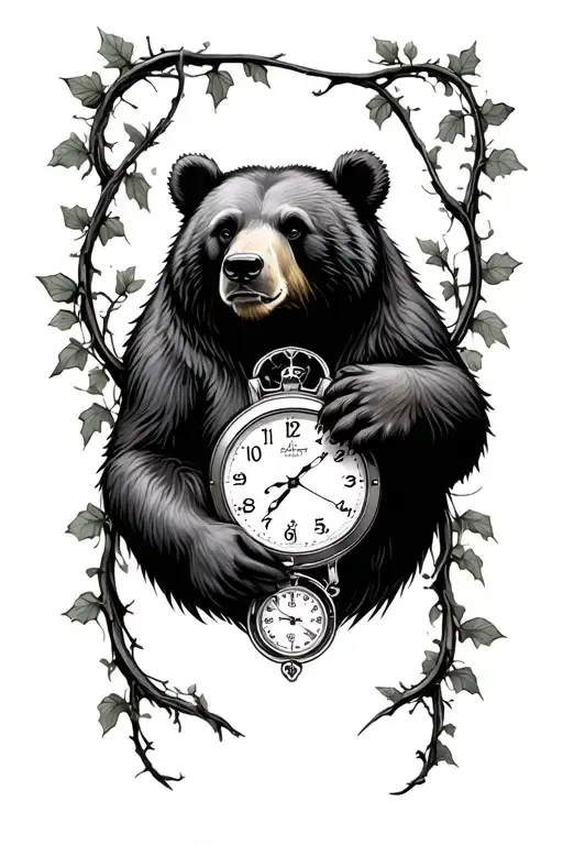 bear with cronograph watch surrounded with ivy vines tattoo design idea