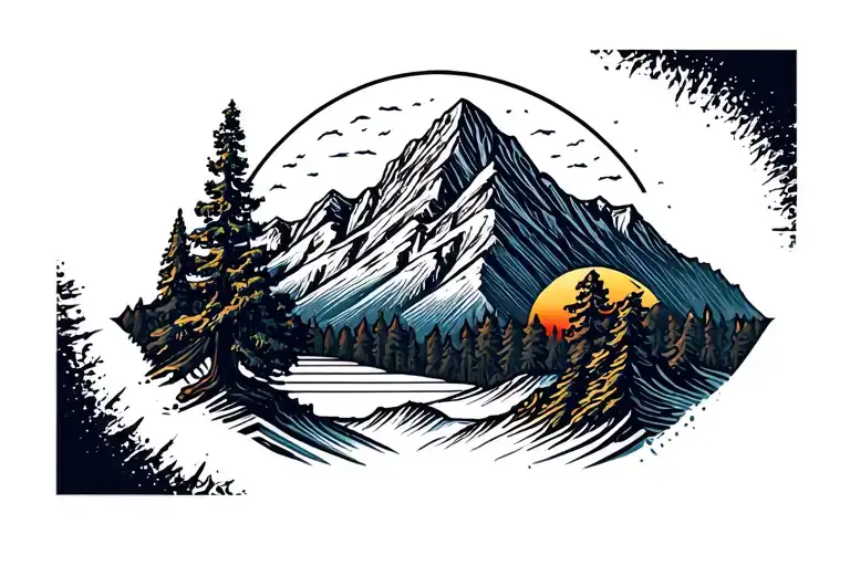 pikes peak mountain, sunrise in background tattoo design idea