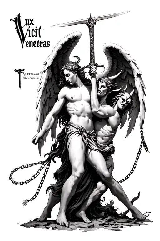 "Lux Vicit tenebras " an angel pinning down the devil with sword raised high but the devil has ahold of the angels leg and a chain around arm tattoo design idea