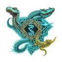 a snake and a crocodile fighting in the desert breathing a blue flame  tattoo design idea