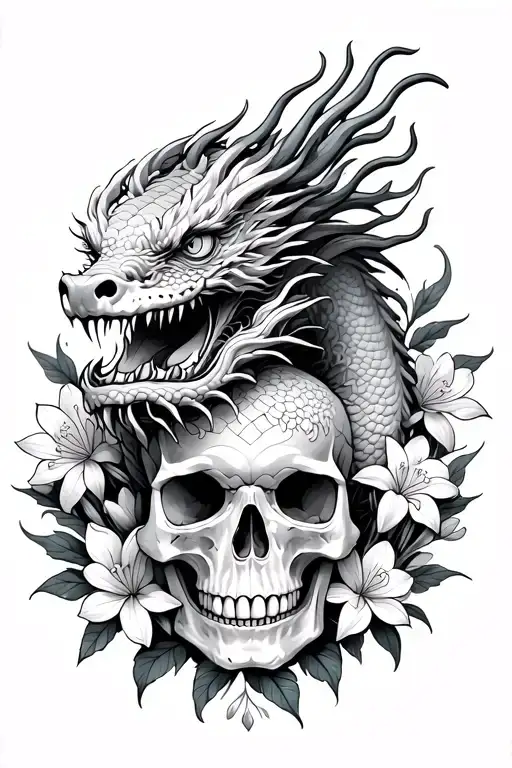 a Chinese dragon wrapped around a skull surrounded by hyacinth flowers tattoo design idea