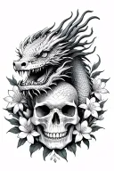 a Chinese dragon wrapped around a skull surrounded by hyacinth flowers tattoo design idea