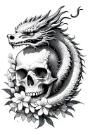 a Chinese dragon wrapped around a skull surrounded by hyacinth flowers tattoo design idea