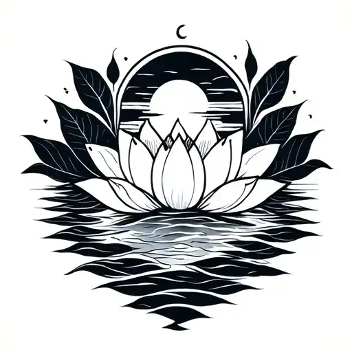 fine line black tattoo with sunrise , sunset, ocean , lotus flower tattoo design idea