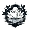 fine line black tattoo with sunrise , sunset, ocean , lotus flower tattoo design idea