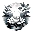 fine line black tattoo with sunrise , sunset, ocean , lotus flower tattoo design idea