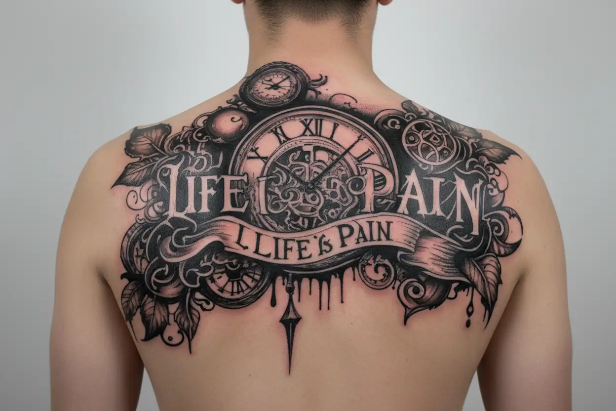 Life is Pain lettering with broken clock tattoo design idea