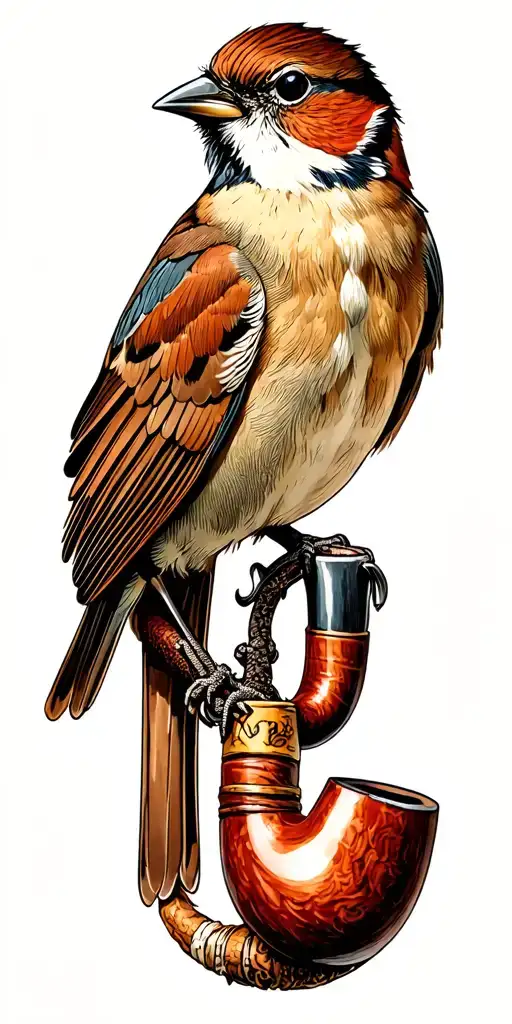 A sparrow perched on a devil anse tobacco pipe in a traditional style tattoo design idea