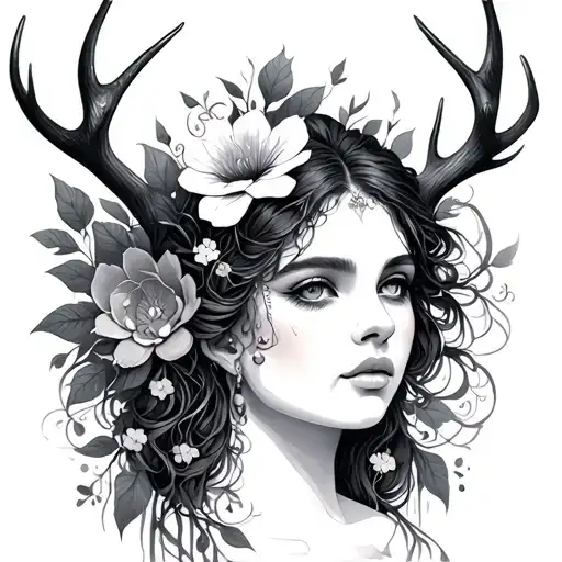 ametrius goddess  antlers flower tattoo design idea