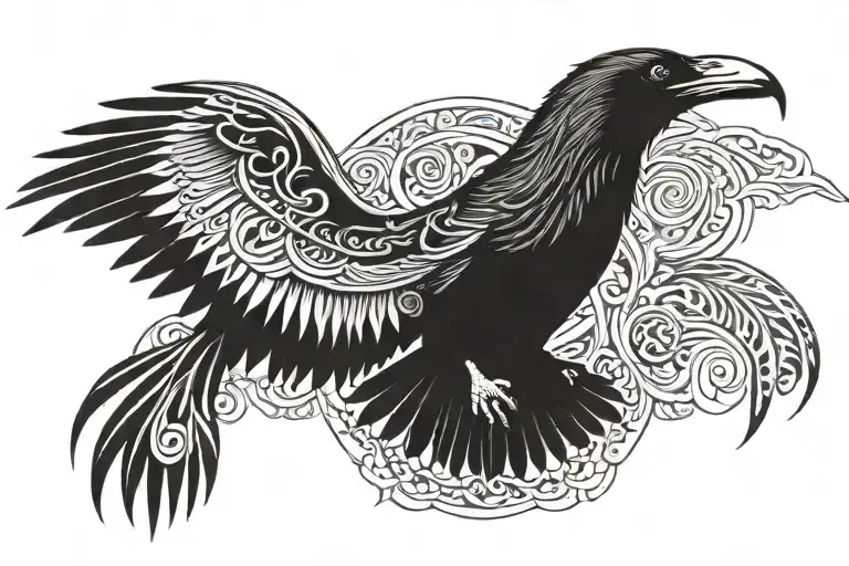skaldic raven flying of odin god symmetry birdseye tattoo design idea