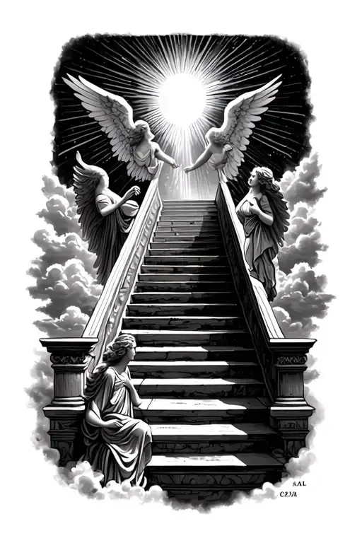stairway to heaven walking up stairs angels sun rays clouds heaven gate at the top of the stairs  tattoo design idea