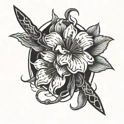 A tattoo design of a beautiful flower intertwined with a knife, symbolizing the contrast between beauty and danger tattoo design idea