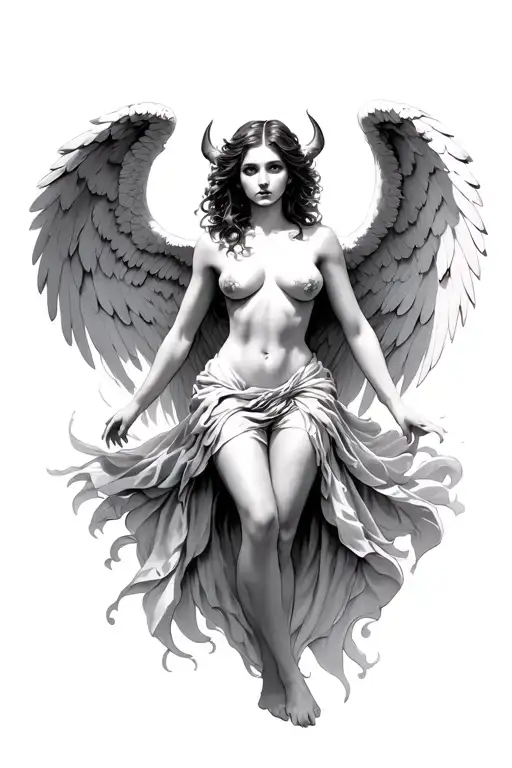 Female angel. Renaissance style floating pose. wings directly upward. Sexy but slightly demonic. Fine detail realism tattoo design idea