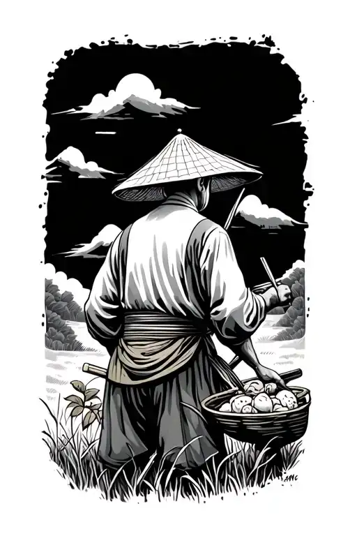 old Chinese farmer working in field facing away tattoo design idea