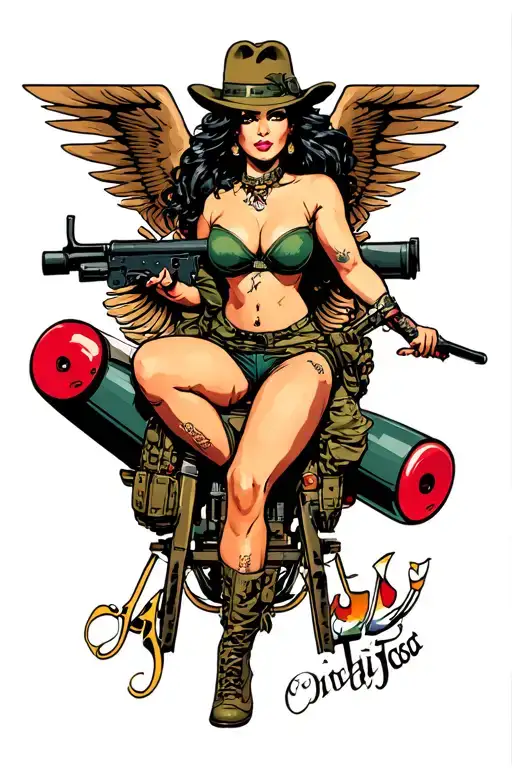 Sexy pin up girl, side profile, full body view, riding a bomb, petite, large boobs, Army,  tattoo design idea