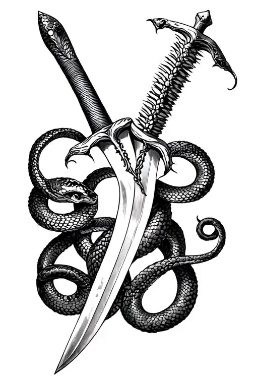 Sword down the back with somthing from the sword on the neck with snakes wrapped around the sword that go down both arms tattoo design idea