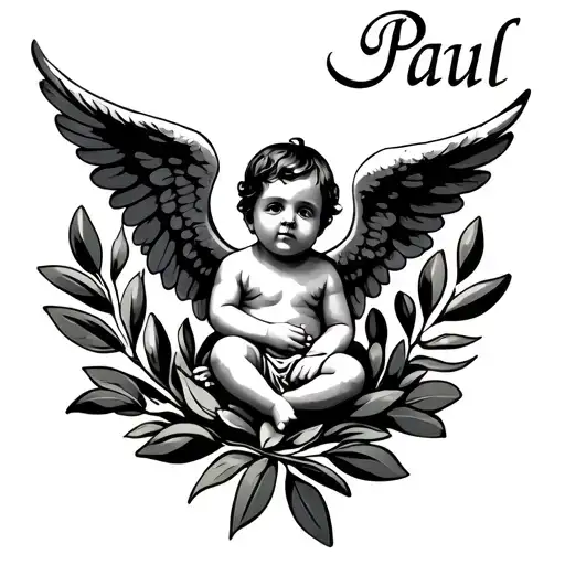 baby angel sitting within an olive branch of 26 leaves. the name Paul in arabic tattoo design idea