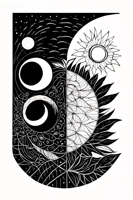balance, nature elements, moon phases, linework, mental health/spiritual tattoo design idea