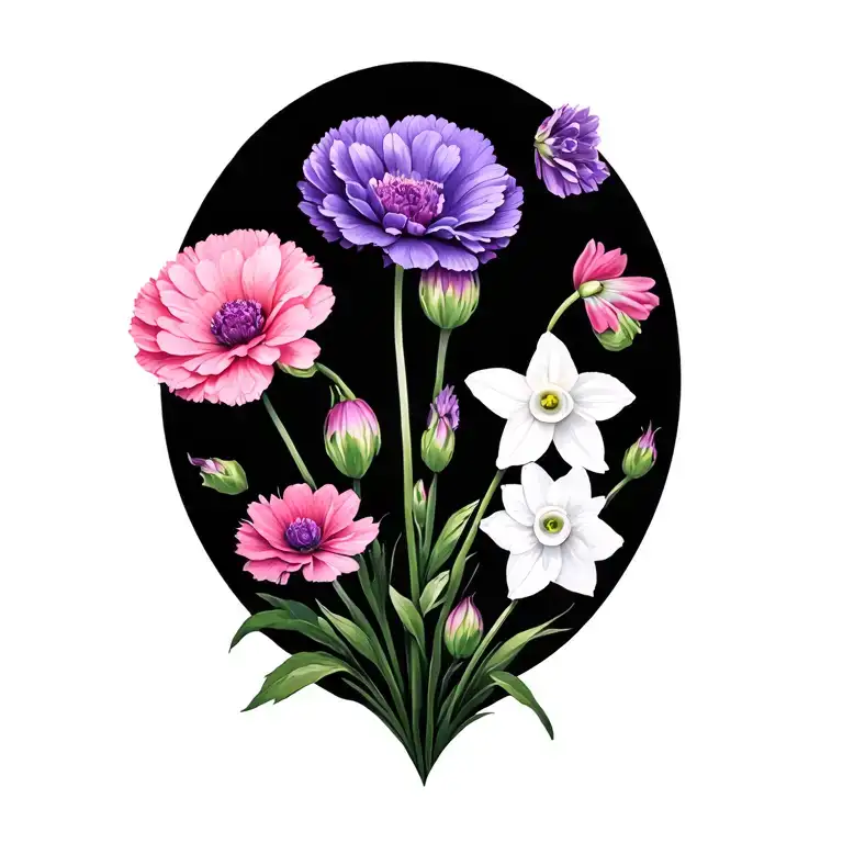 purple carnation white daffodil pink cosmos flowers growing tattoo design idea