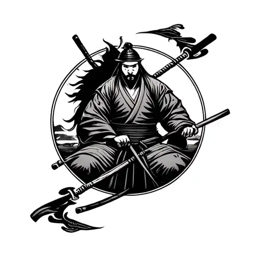 Black and white fade-out tattoo of a samurai committing seppuku inside a circle tattoo design idea